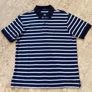 Men’s dark blue and light blue striped short sleeve polo